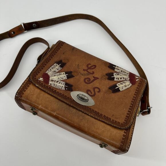 Vintage 70s Handcrafted Leather Saddle Bag Tooled Brown Cross Body Kachina ‘77 - Picture 1 of 15